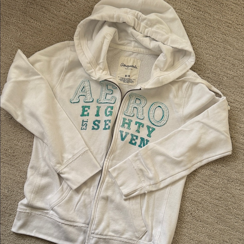 Aeropostale White Zip-Up with Teal Accents